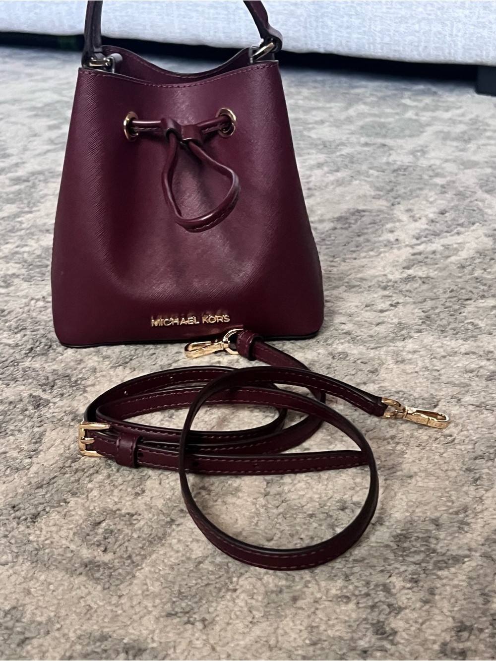 Michael Kors Mini Drawstring Bucket Bag in Burgundy with Gold Hardware